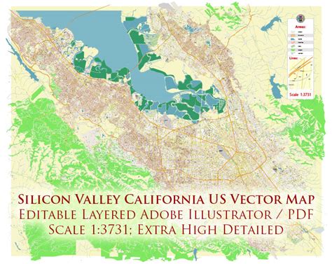 Silicon Valley California US City Vector Map Exact High Detailed ...