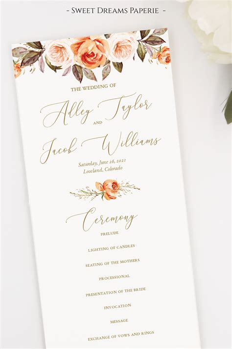 Fall Wedding Program Template Floral Burnt Orange Wedding Program