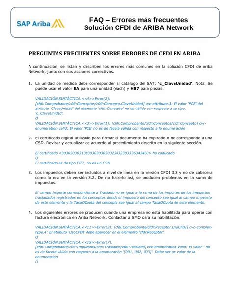 PDF FAQ Errores más frecuentes Solución CFDI de ARIBA VALIDACIÓN