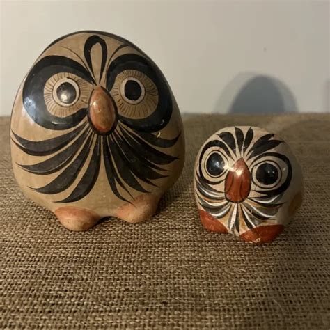 VINTAGE MEXICAN POTTERY Owl Folk Art Hand Painted Tonala Ceramic Owl