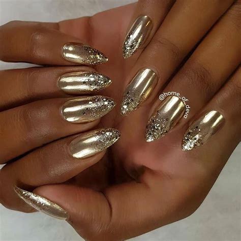 Almond Shaped Nails With Gold Chrome And Glitter Tips All That