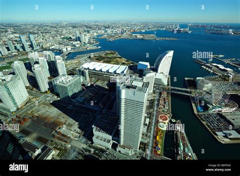 Yokohama Minato Mirai 21 Waterfront And Japanese Harbor Aerial Stock