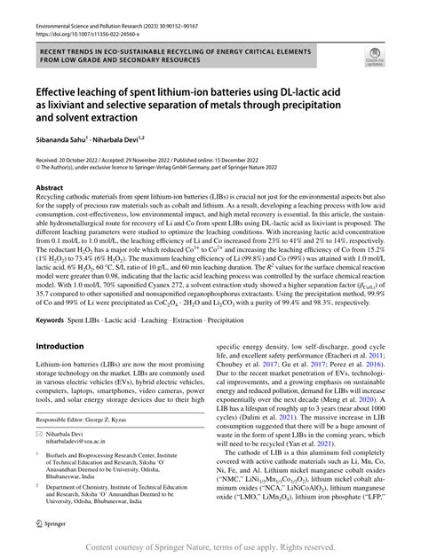 Effective Leaching Of Spent Lithium Ion Batteries Using Dl Lactic Acid