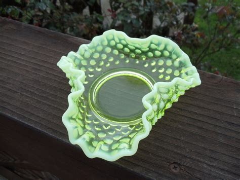 Vintage Fenton Vaseline Glass Hobnail Candy Dish By Bokboksnest