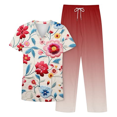 Ehtmsak Scrubs For Women Set Petite Floral Printed Jogger Wrokwear