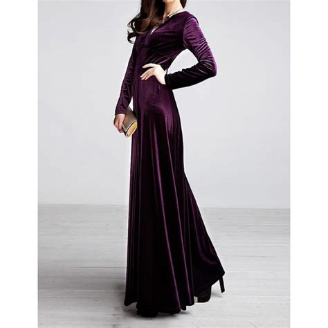 Purple Velvet Long Sleeves V Neck Gothic Maxi Long A Line Dress Gown