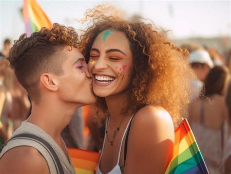 Premium Ai Image Happy Couple Celebrating On The Beach At Lgbtq Pride