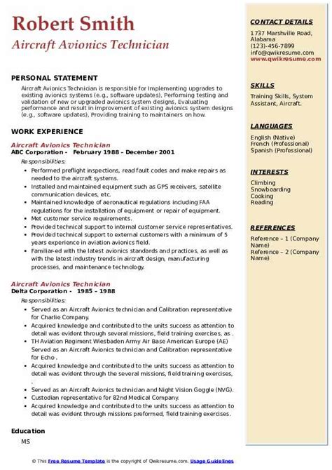 Aircraft Avionics Technician Resume Samples Qwikresume