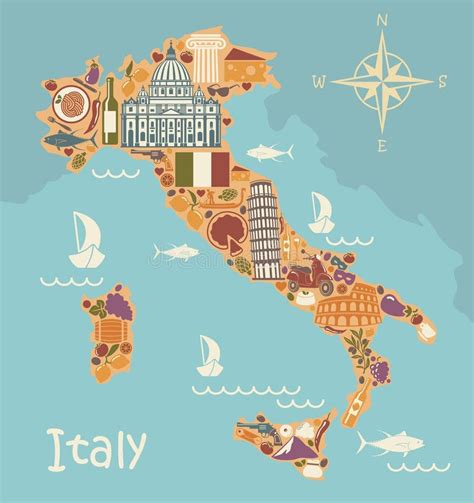 Map Of Italy With Traditional Italian Symbols Stock Vector