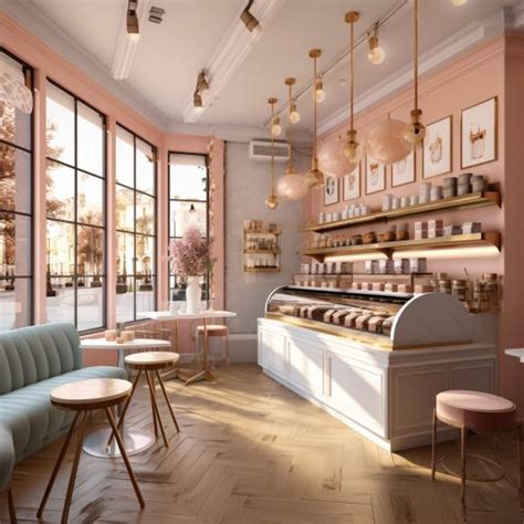 The Interior Of A Coffee Shop With Pink Walls And Wood Flooring Two