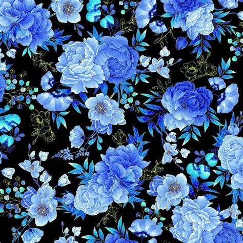 Timeless Treasures Royal Plume Large Blue Floral W Metallic Gold Black Fabric Utopia