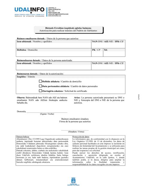 Fillable Online Donostia Autorizacin Para Realizar Trmites Del Padrn De