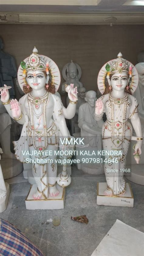 Painted Hindu White Marble Vishnu Lakshmi Statue For Worship Size 36