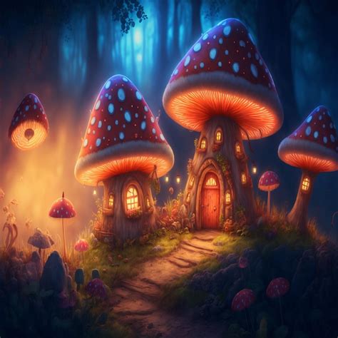 Premium Ai Image Fairy Village Magical Glowing Mushrooms