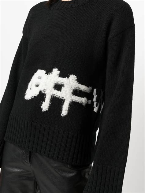 Off White Intarsia Logo Crew Neck Jumper Farfetch