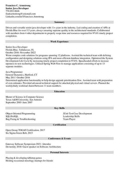 Senior Java Developer Resume Sample Writing Guide