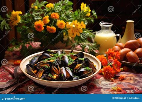 Mussels With Garlic Butter Sauce On A Rustic Plate Stock Illustration Illustration Of Sauce