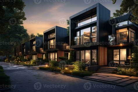 Modern townhouses in suburban at night. Generative AI 26789746 Stock