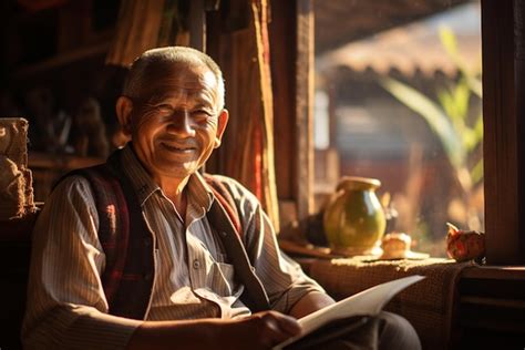 Premium Photo Oldman Smiles Over A Book In A Quiet Church A Peaceful