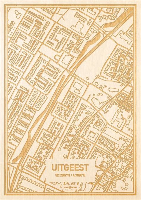Kaart Uitgeest Gegraveerde Stadskaart Hood Wood Hout A4 Bol
