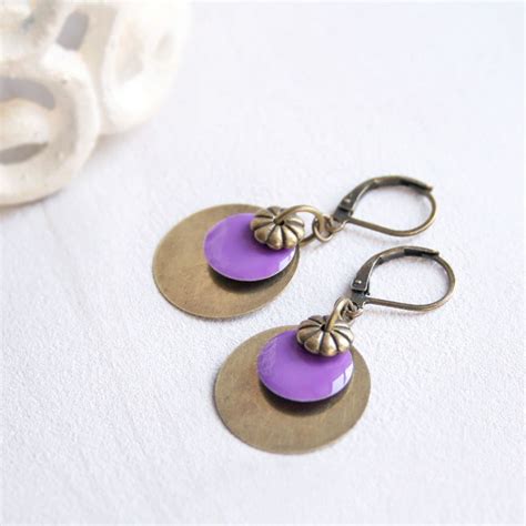 Boucles D Oreilles Fantaisie Sequins Bronze Et Violets Boucles