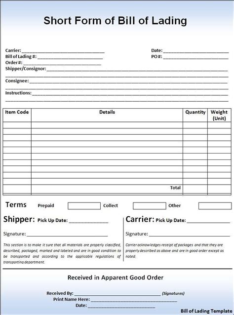 Bill of Lading Template | Free Word Templates