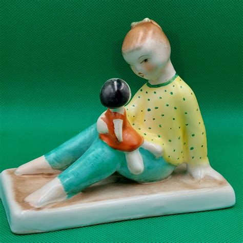 Vintage Little Girl Playing With Doll Hungary Bodrogkeresztúr Ceramic