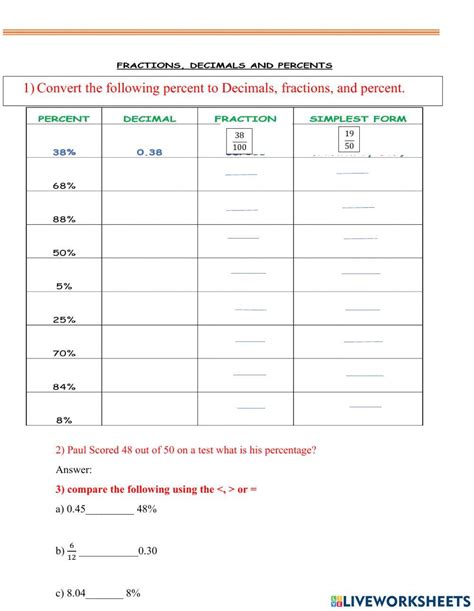 Fractions Decimals Percent Review Worksheet Live Worksheets Worksheets Library