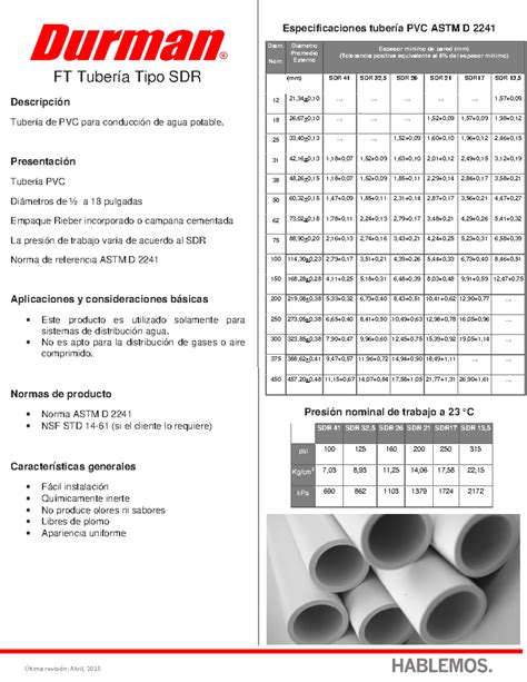 Ficha Tecnica Durman Tubos Sdr Diam Nom Diámetro Promedio Externo