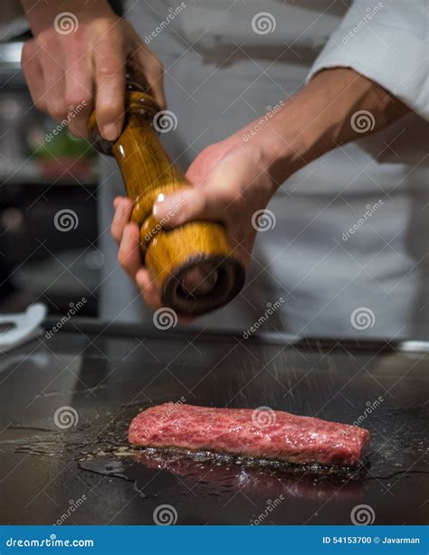 Chef Cooking Wagyu Beef In Japanese Restaurant Tokyo Stock Photo