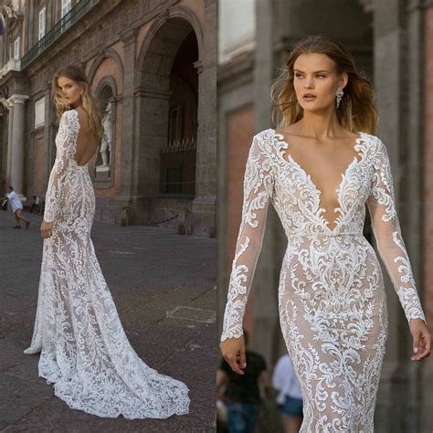 Berta Long Sleeve Lace Mermaid Wedding Dresses 2020 V Neck Illusion