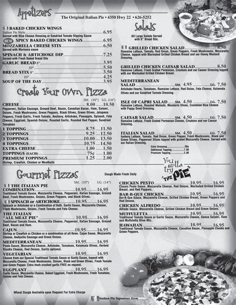 Italian Pie Menu In New Orleans Louisiana Usa