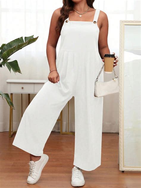 SHEIN LUNE Plus Solid Wide Leg Overall Jumpsuit Without Tee SHEIN USA