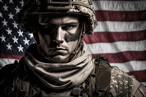 soldado estadounidense en el fondo de la bandera equipo completo mirada
