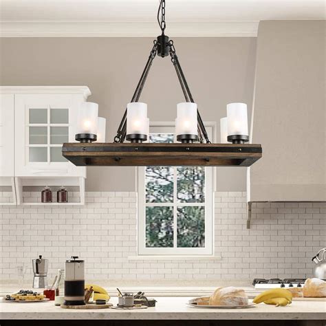 LNC Farmhouse Kitchen Linear Wood Chandelier 8 Light Black Island