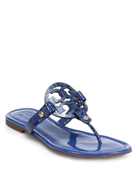 Lyst Tory Burch Miller Crocodileembossed Patent Leather Sandals In Blue