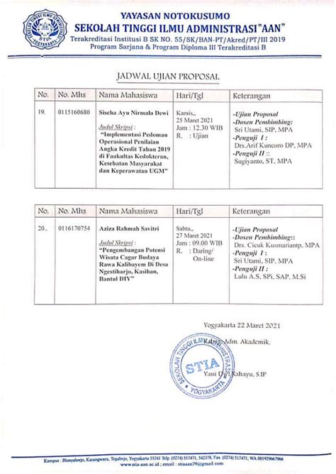 Jadwal Ujian Proposal Arsip Stia Aan Yogyakarta