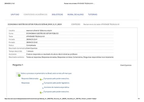 Revisar Envio Do Teste Atividade Teleaula Iii Economia E Gest O