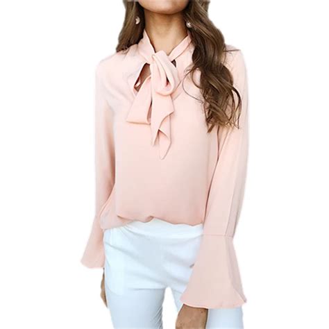 Women Bow Tie V Neck Chiffon Blouse Bowknot Flare Long Sleeve Loose Top Autumn Shirt In Blouses