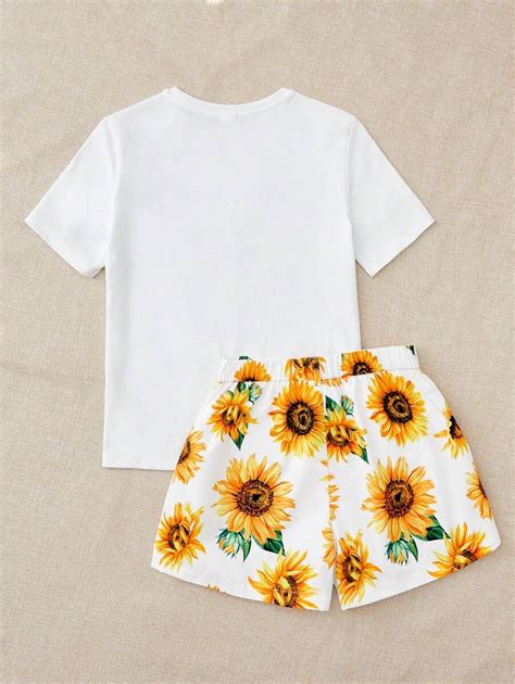 Shein Teen Girls Girls Sunflower And Slogan Graphic Tee And Shorts Shein Usa