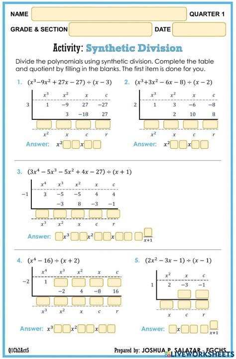 Synthetic Division Interactive Worksheet Live Worksheets Worksheets Library