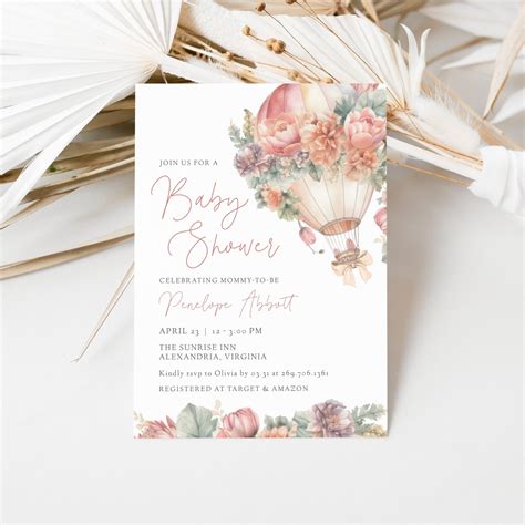 Pink Hot Air Balloon Baby Shower Invitation Editable Template Pink Baby Shower Invite Printable
