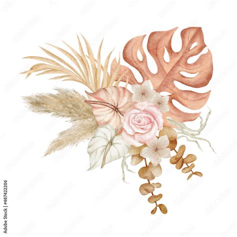 Watercolor Boho Tropical Arrangement Dried Flowers Composition Pampas