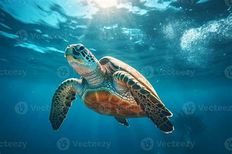 Green Sea Turtle Swimming Near Beautiful Coral Reef Under Water Sea