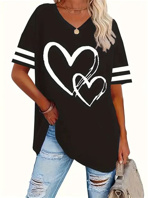 Plus Size Heart Stripe Print T Shirt Casual V Neck Short Temu Denmark