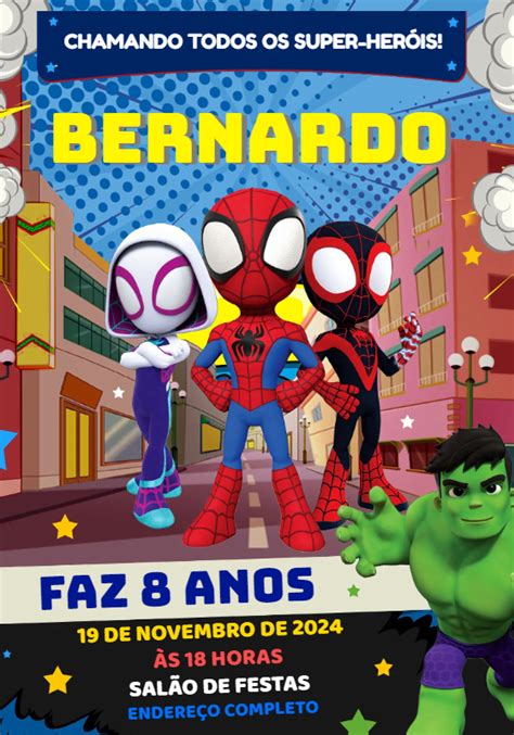 Convite Aniversário Spidey e seus amigos Edite grátis nosso