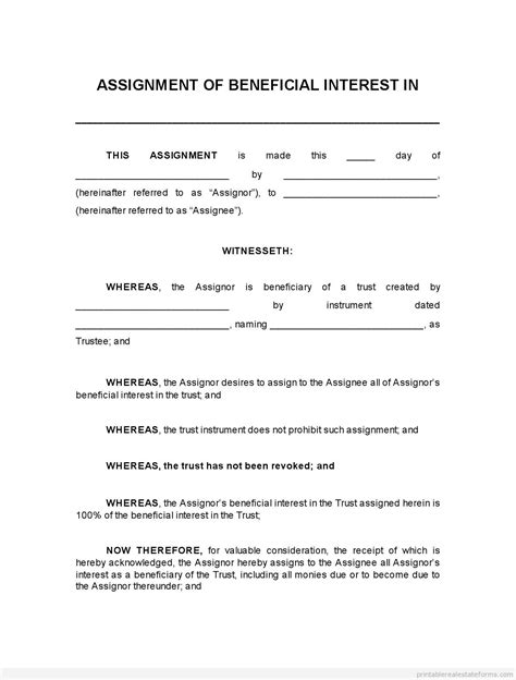 Printable Assignment Of Beneficial Interest In Trust