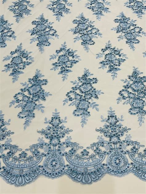 Baby Blue Floral Lace Fabric By Yard Embroidery With Sequins On A Mesh