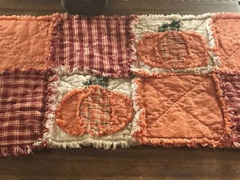 Plaid Homespun Primitive Rag Quilt Table Runner Orange Red Farmhouse