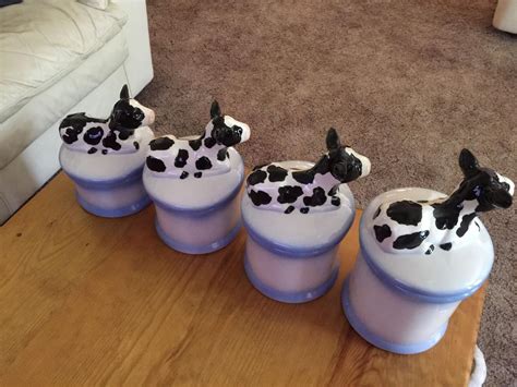 Vintageceramic Cow Canisterscountry Bluewhiteblackset Of 4brand